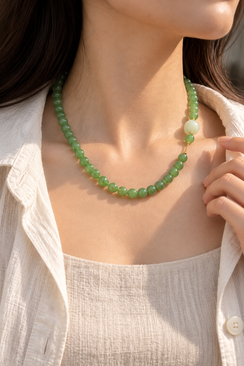 Green Hetian Jade Bead Necklace with Carved White Accent | CongCong Jade
