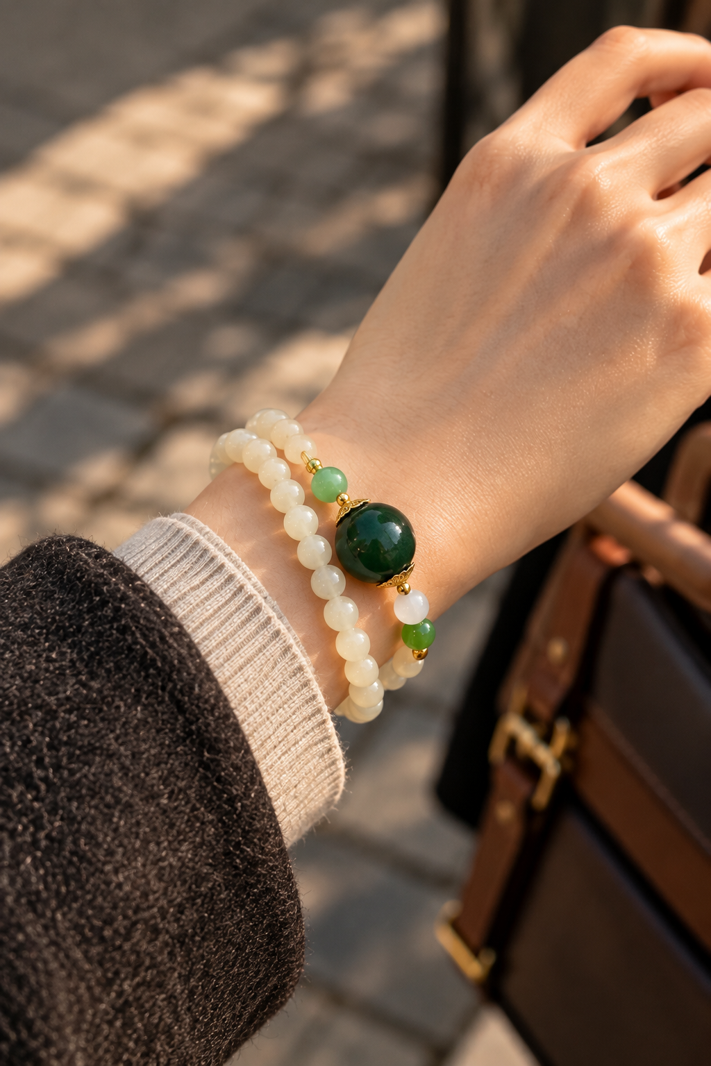 White Hetian Jade Bead Necklace with Dark Green Center Bead | CongCong Jade