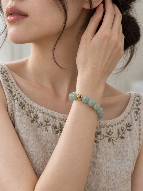 Light Green Jadeite Bead Bracelet with Gold Accent | CongCong Jade