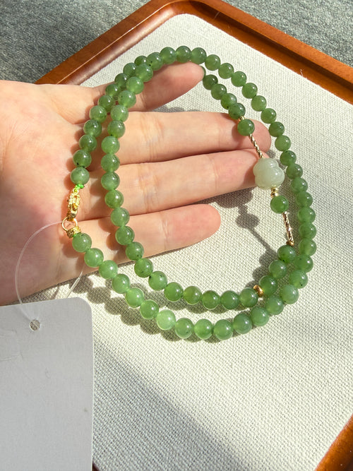 Green Hetian Jade Bead Necklace with Carved White Accent | CongCong Jade