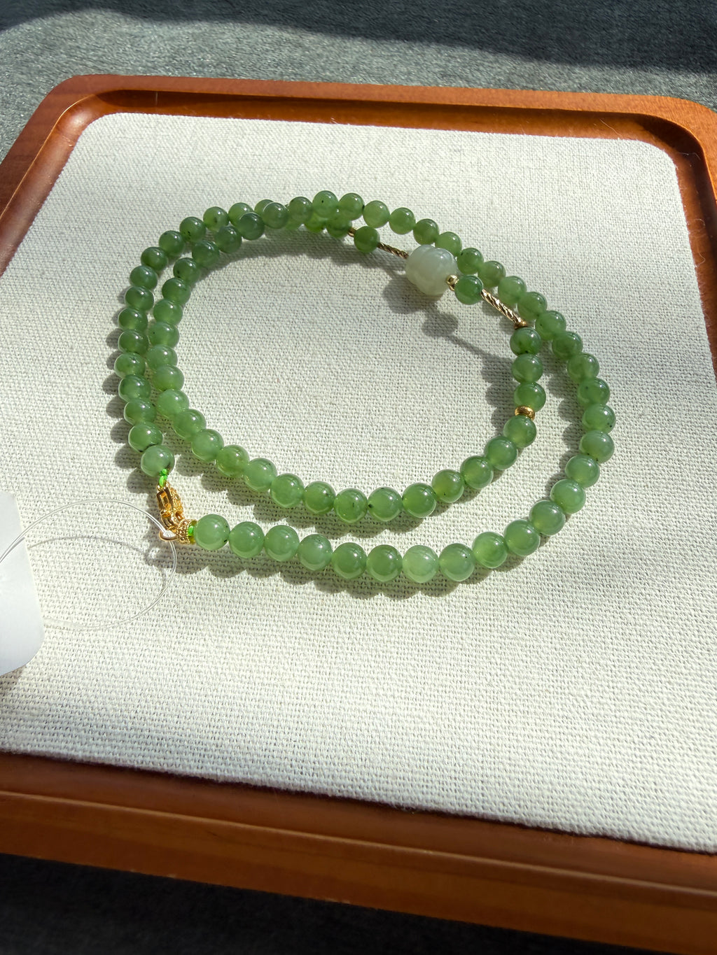 Green Hetian Jade Bead Necklace with Carved White Accent | CongCong Jade