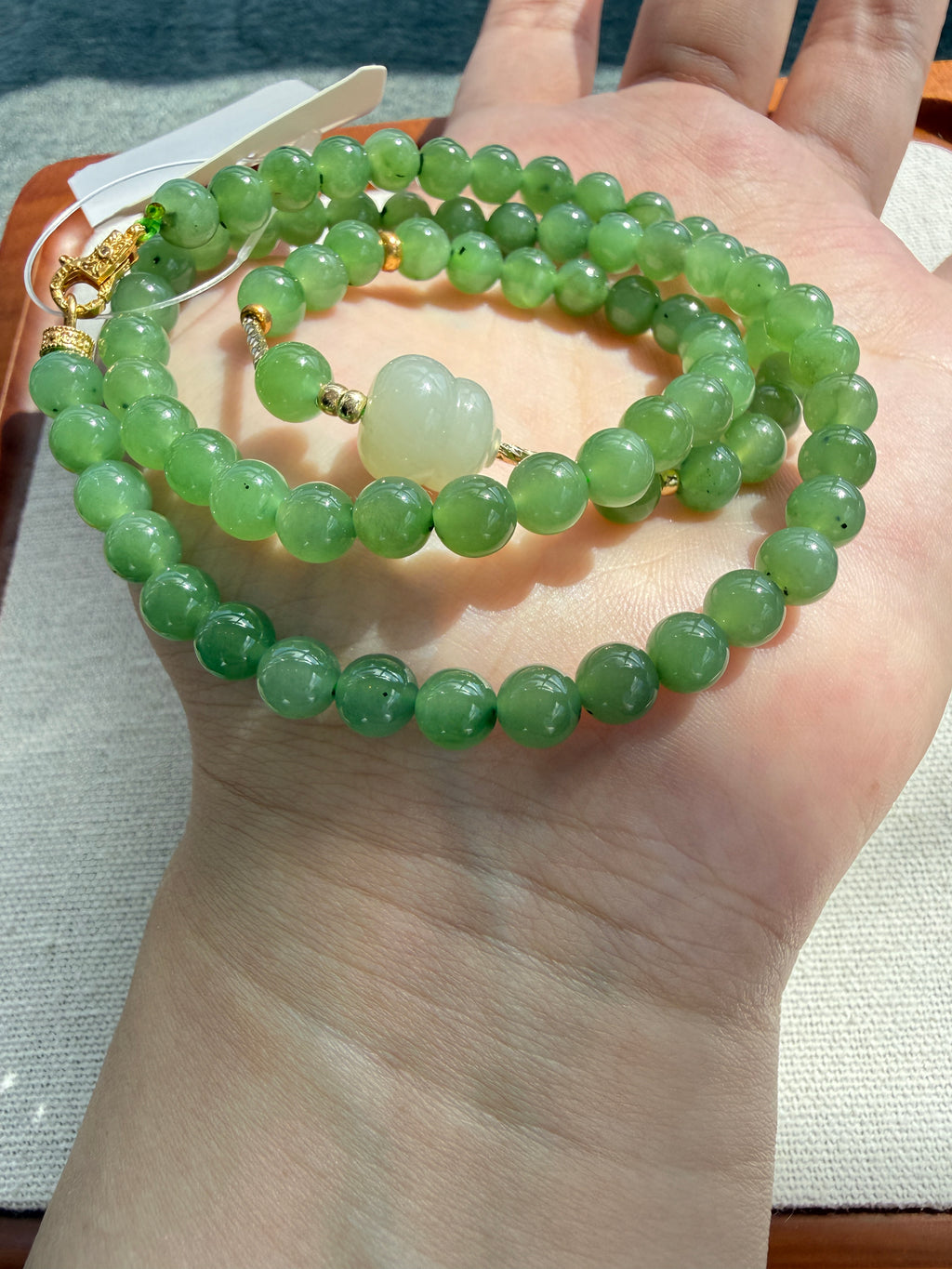Green Hetian Jade Bead Necklace with Carved White Accent | CongCong Jade