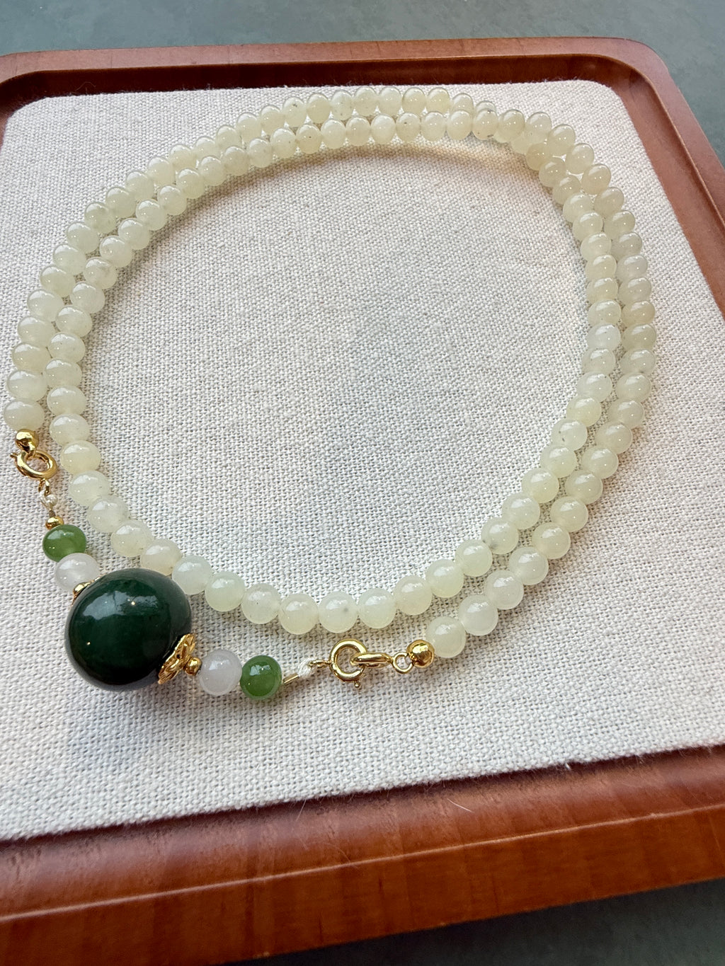 White Hetian Jade Bead Necklace with Dark Green Center Bead | CongCong Jade