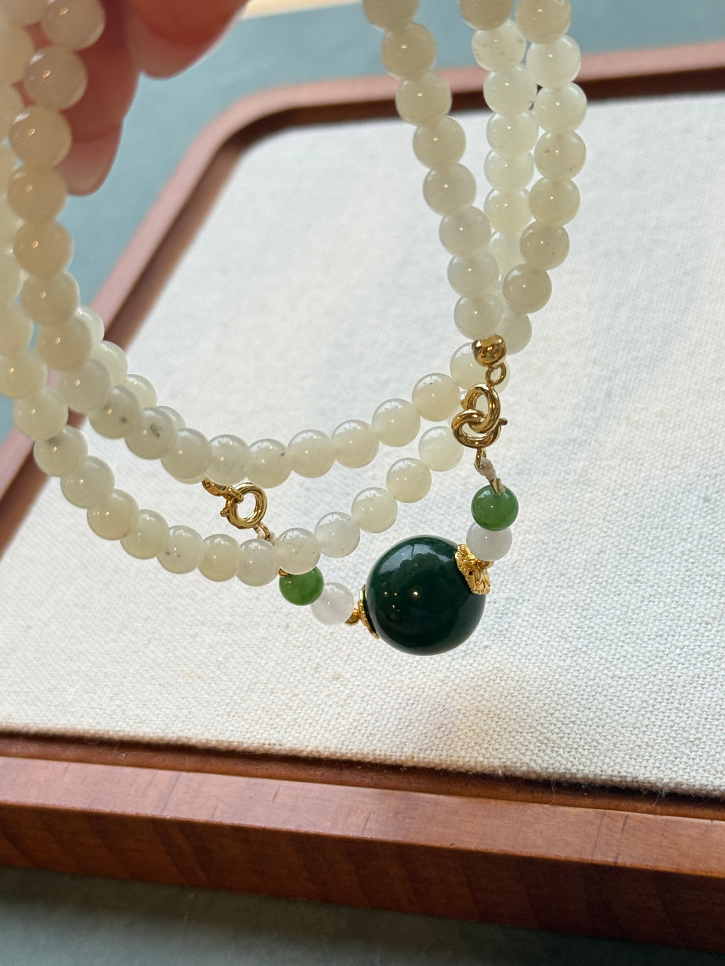 White Hetian Jade Bead Necklace with Dark Green Center Bead | CongCong Jade