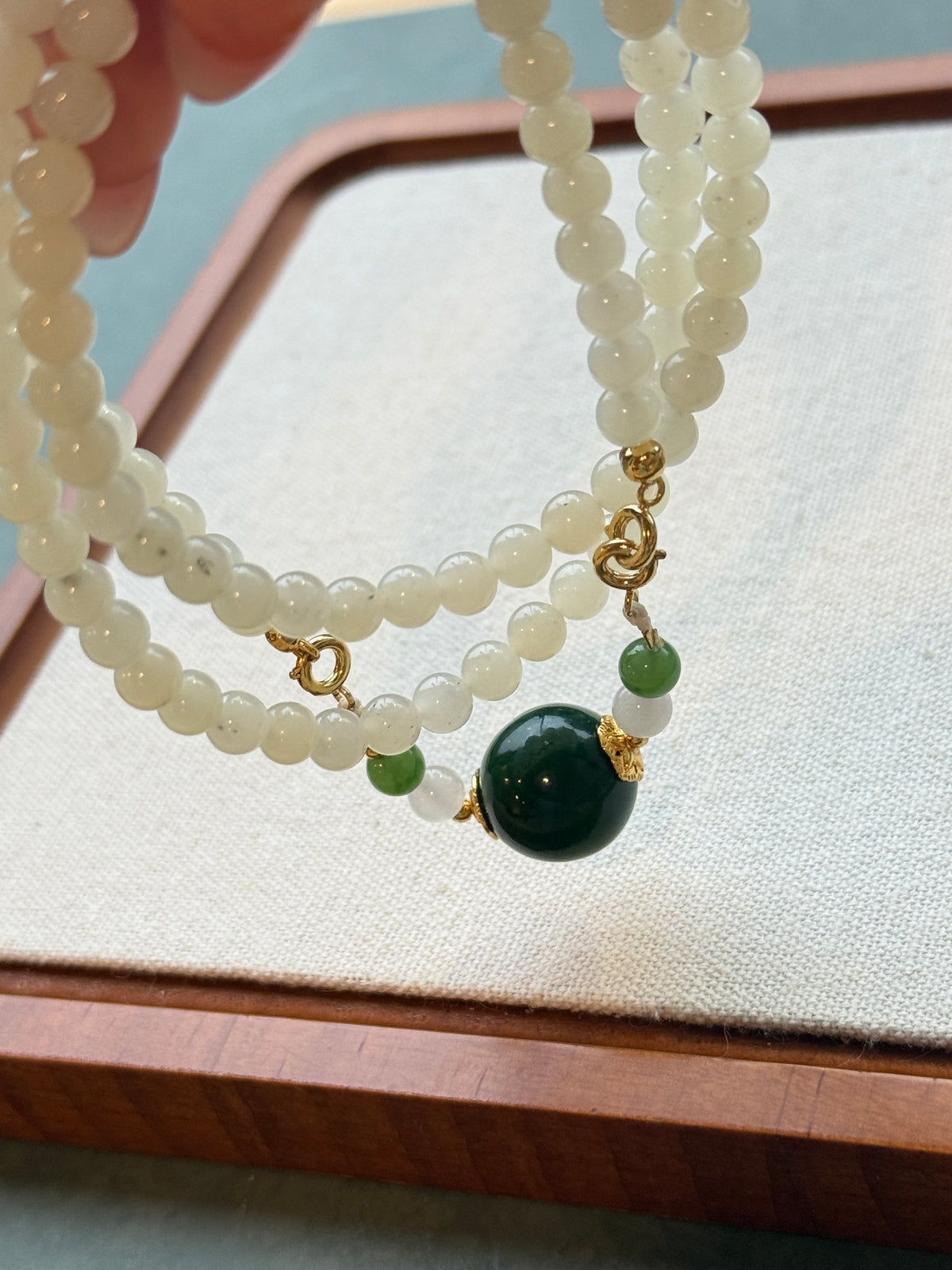 White Hetian Jade Bead Necklace with Dark Green Center Bead | CongCong Jade