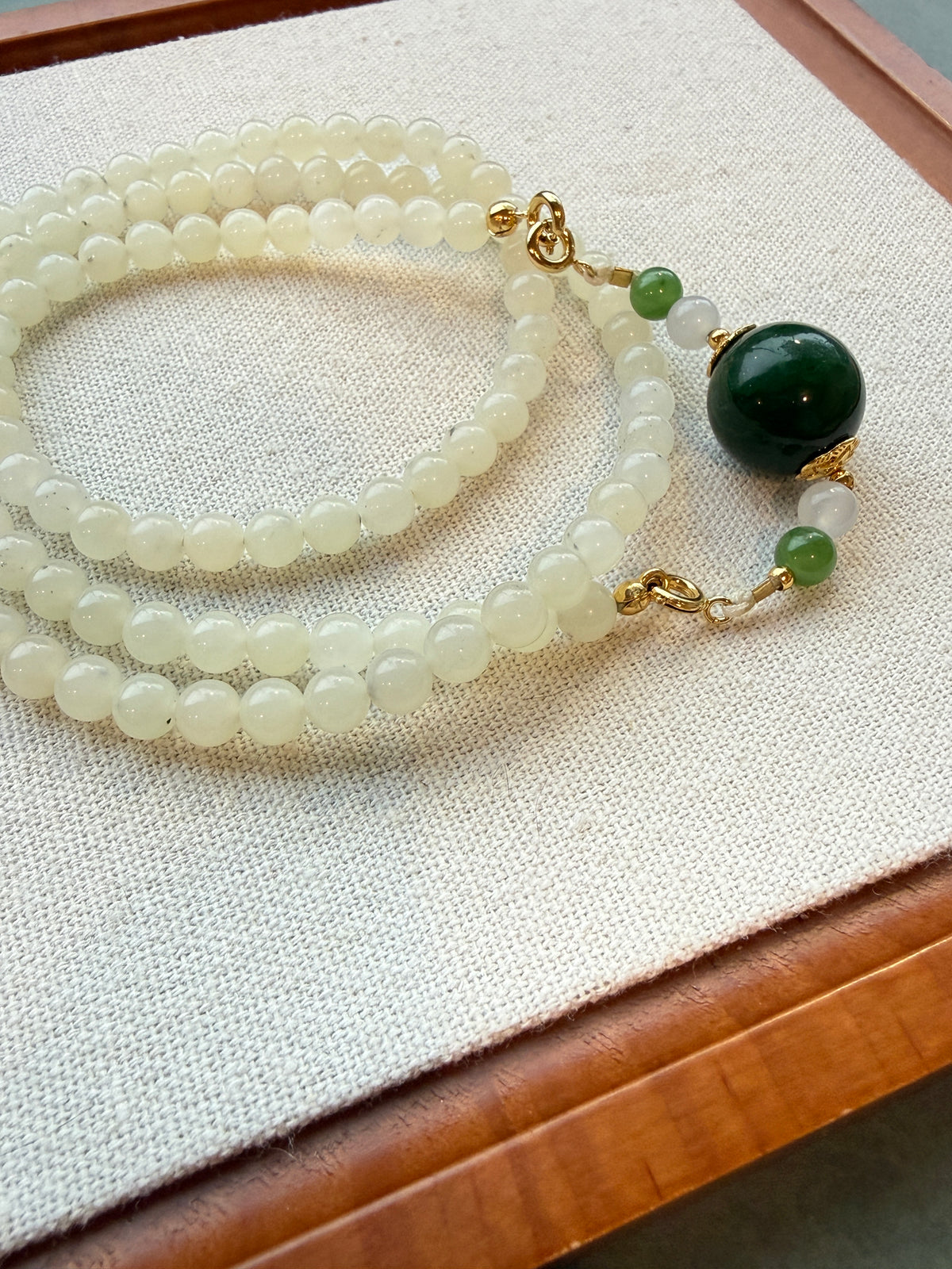 White Hetian Jade Bead Necklace with Dark Green Center Bead | CongCong Jade